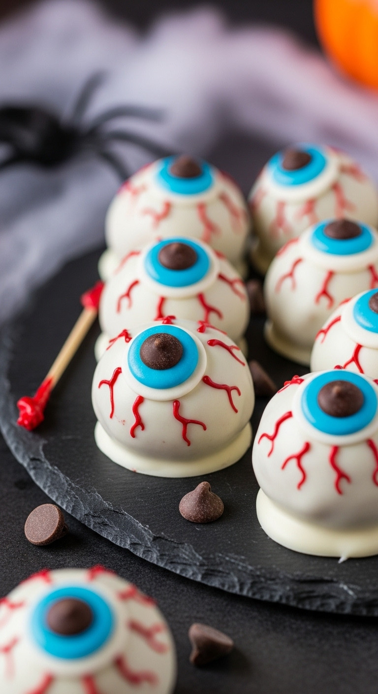 Easy Halloween Peanut Butter Eyeballs With White Chocolate Blue Iris Chocolate Chip Pupil And Red Veins On A Dark Slate Platter