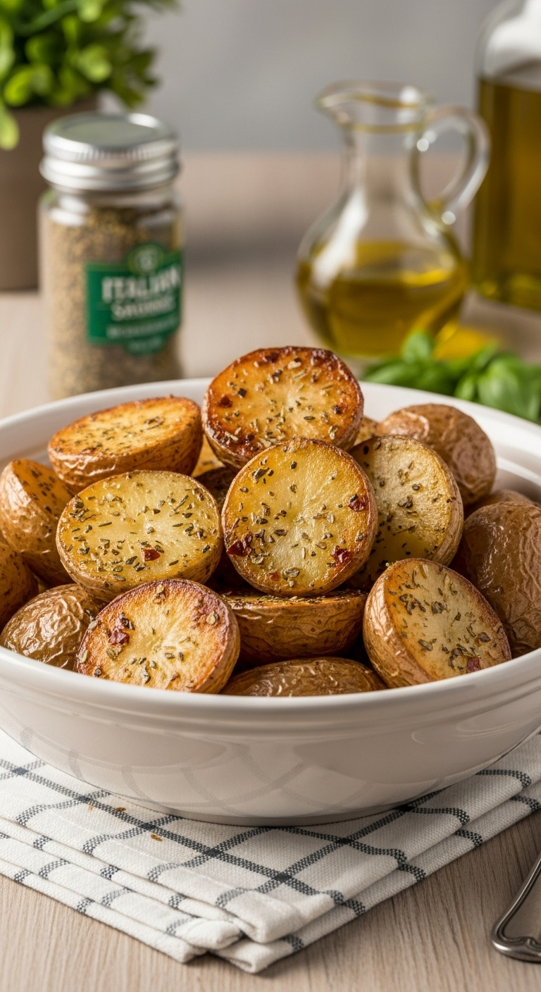 Easy Italian Herb Roasted Potatoes In A White Serving Bowl On A Checkered Kitchen Towel