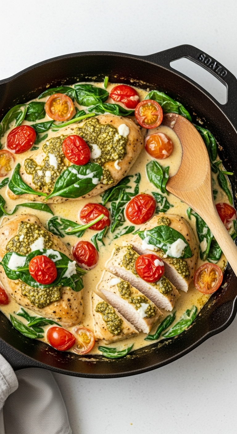 Creamy Pesto Chicken Skillet With Juicy Sliced Chicken, Wilted Spinach, And Burst Cherry Tomatoes In A Cast-Iron Pan, Captured In Bright Natural Lighting With A Wooden Spoon Resting On The Side For A Fresh Low Carb High Protein Meal.