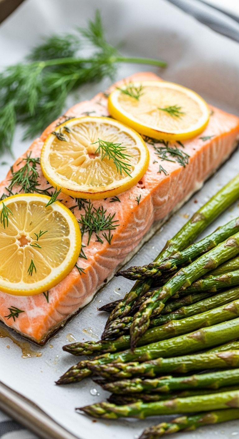 One-Pan Lemon Herb Salmon And Roasted Asparagus On A Parchment-Lined Baking Sheet, Featuring Flaky Salmon Topped With Caramelized Lemon Slices And Fresh Dill, Captured In Bright, Clean Lighting For A Healthy Low Carb High Protein Meal.