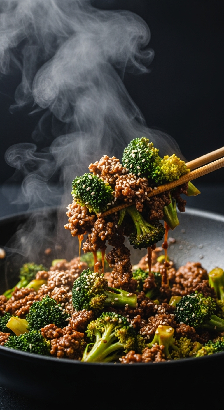 Keto Ground Beef And Broccoli Stir-Fry Tossed In A Dark Wok, With Steam Rising, Glossy Sauce Coating The Beef And Vibrant Broccoli, And Chopsticks Lifting A Portion, All Highlighted By Moody Lighting For A Savory Low Carb High Protein Dinner.