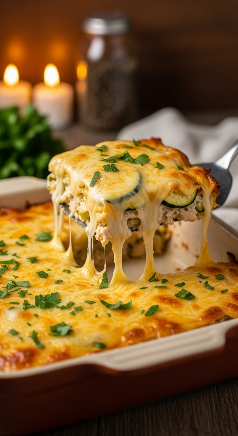 Cheesy Chicken And Zucchini Casserole In A Rustic Ceramic Dish With A Golden, Melted Cheese Topping, A Lifted Square Revealing A Gooey Cheese Pull, And Fresh Parsley Garnish, Captured In Warm, Cozy Kitchen Lighting For A Low Carb High Protein Meal.