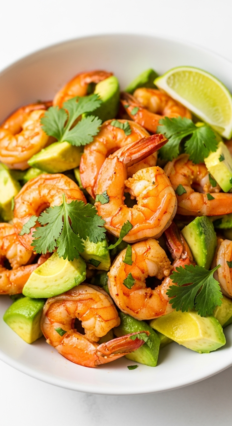 Chili Lime Shrimp With Creamy Avocado And Fresh Cilantro In A White Bowl, Garnished With A Lime Wedge, Captured In Bright Clean Lighting For A Vibrant, Fresh, And Zesty Low Carb High Protein Meal.