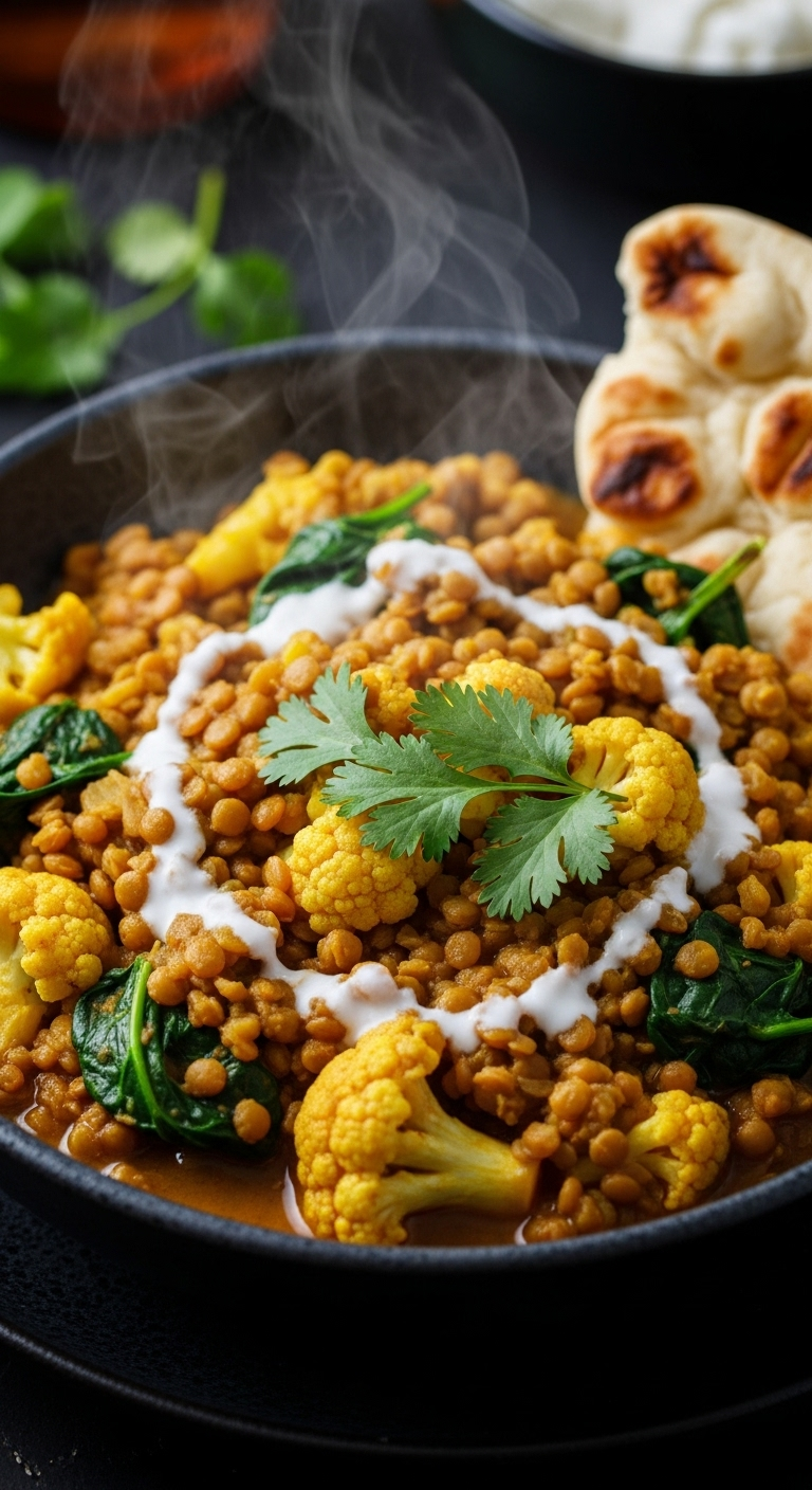 Hearty Lentil And Cauliflower Curry In A Dark Ceramic Bowl With Coconut Milk Swirl And Fresh Cilantro, Accompanied By Low-Carb Naan Bread, Captured In Warm Moody Lighting Highlighting Deep Golden And Earthy Tones For A Rich Low Carb High Protein Meal.