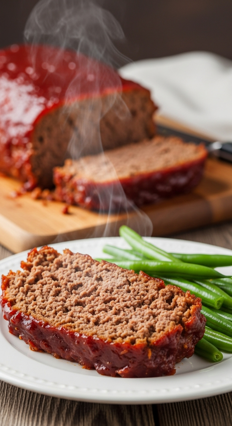 Slice Of Easy Keto Meatloaf With Rich Glaze And Juicy Texture On A White Plate, Served With Steamed Green Beans, With The Remaining Glazed Meatloaf On A Wooden Board In Warm Rustic Lighting For A Comforting Low Carb High Protein Meal.