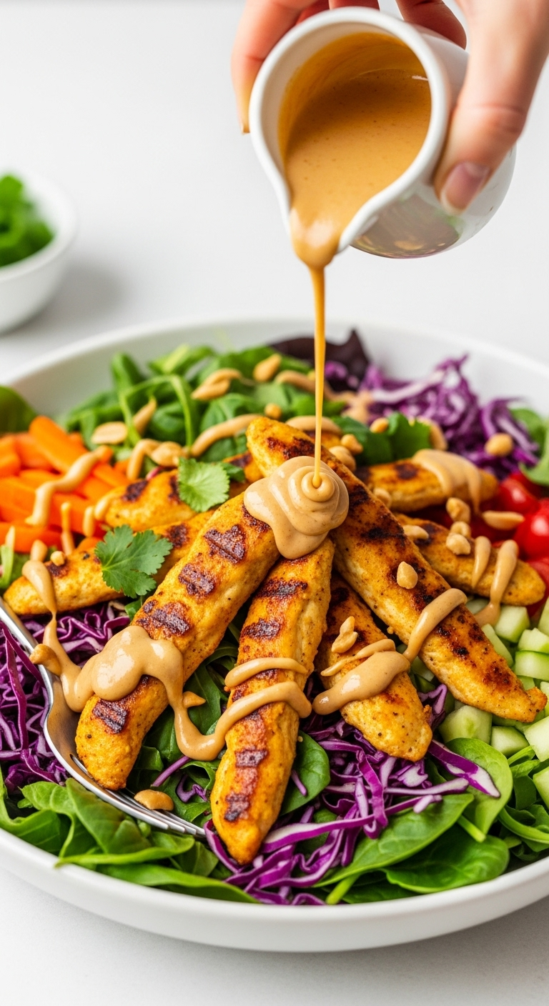 Bright, Fresh Overhead Shot Of A Colorful Satay Salad With Grilled Golden-Brown Chicken Strips In A White Bowl, Creamy Peanut Dressing Being Drizzled Over Vibrant Greens, Reds, And Purples, Highlighting Fresh Textures And Healthy Low Carb Low Fat Ingredients.