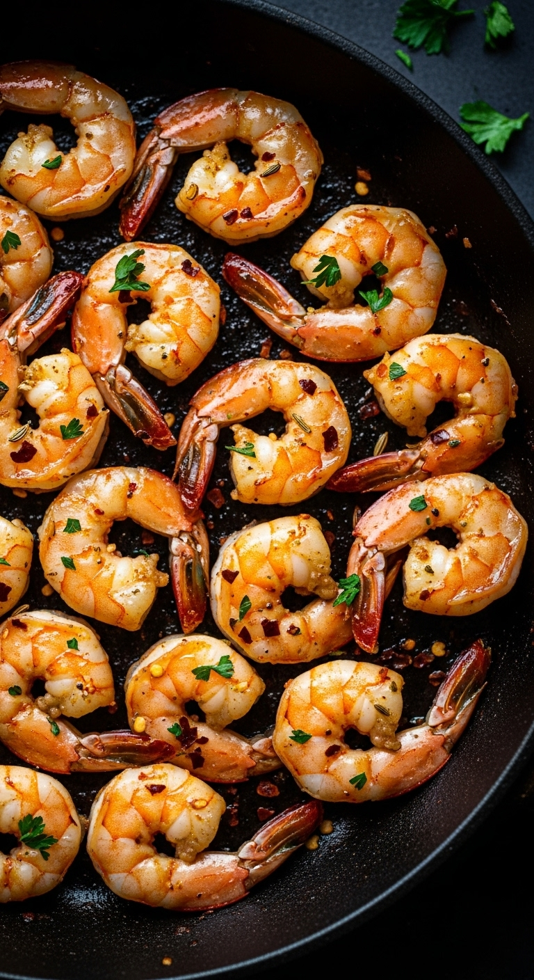 Top-Down Close-Up Of Glossy, Perfectly Cooked Shrimp Sizzling In A Dark Skillet, Coated With Fennel Seeds And Red Pepper Flakes, Accented By Bright Green Parsley, With Bold Moody Lighting Highlighting Rich Colors And Textures In A Low Carb Low Fat Recipe.