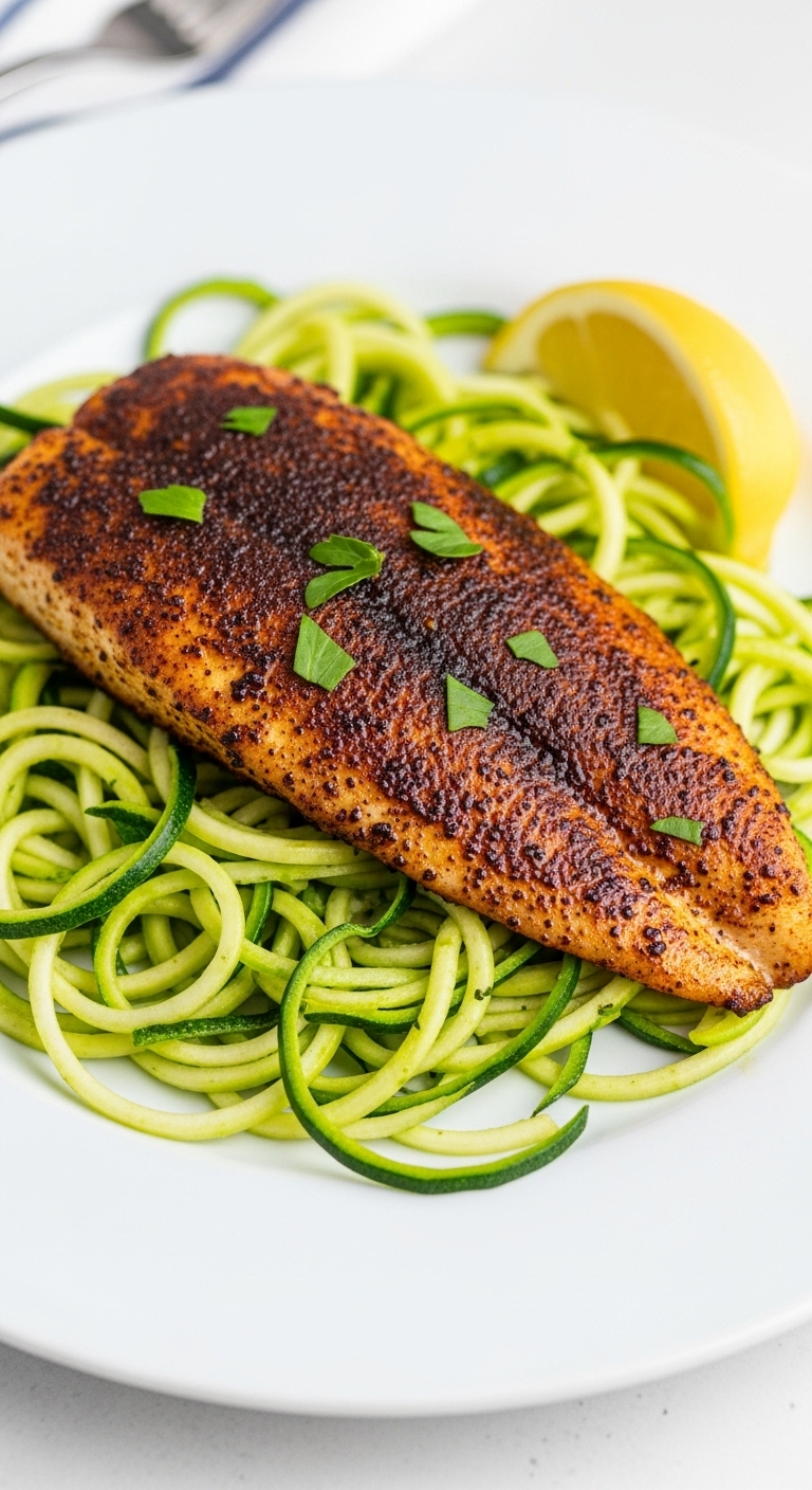 Close-Up Of A Perfectly Cooked Blackened Tilapia Fillet Resting On A Bed Of Vibrant Green Zucchini Noodles On A White Plate, Garnished With A Lemon Wedge, Showcasing Clean, Fresh, And Modern Bright Lighting For A Low Carb Low Fat Recipe.