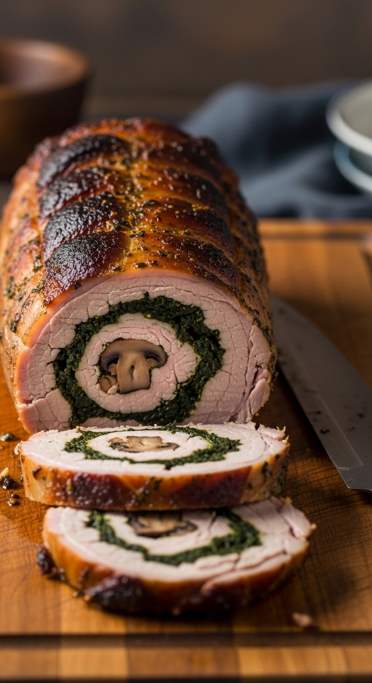 Sliced Roasted Pork Tenderloin With Mushroom And Spinach Stuffing Displayed On A Wooden Cutting Board With A Carving Knife, Showcasing Juicy Interior And Rustic Warm Lighting For An Easy Low Carb Low Fat Recipe.