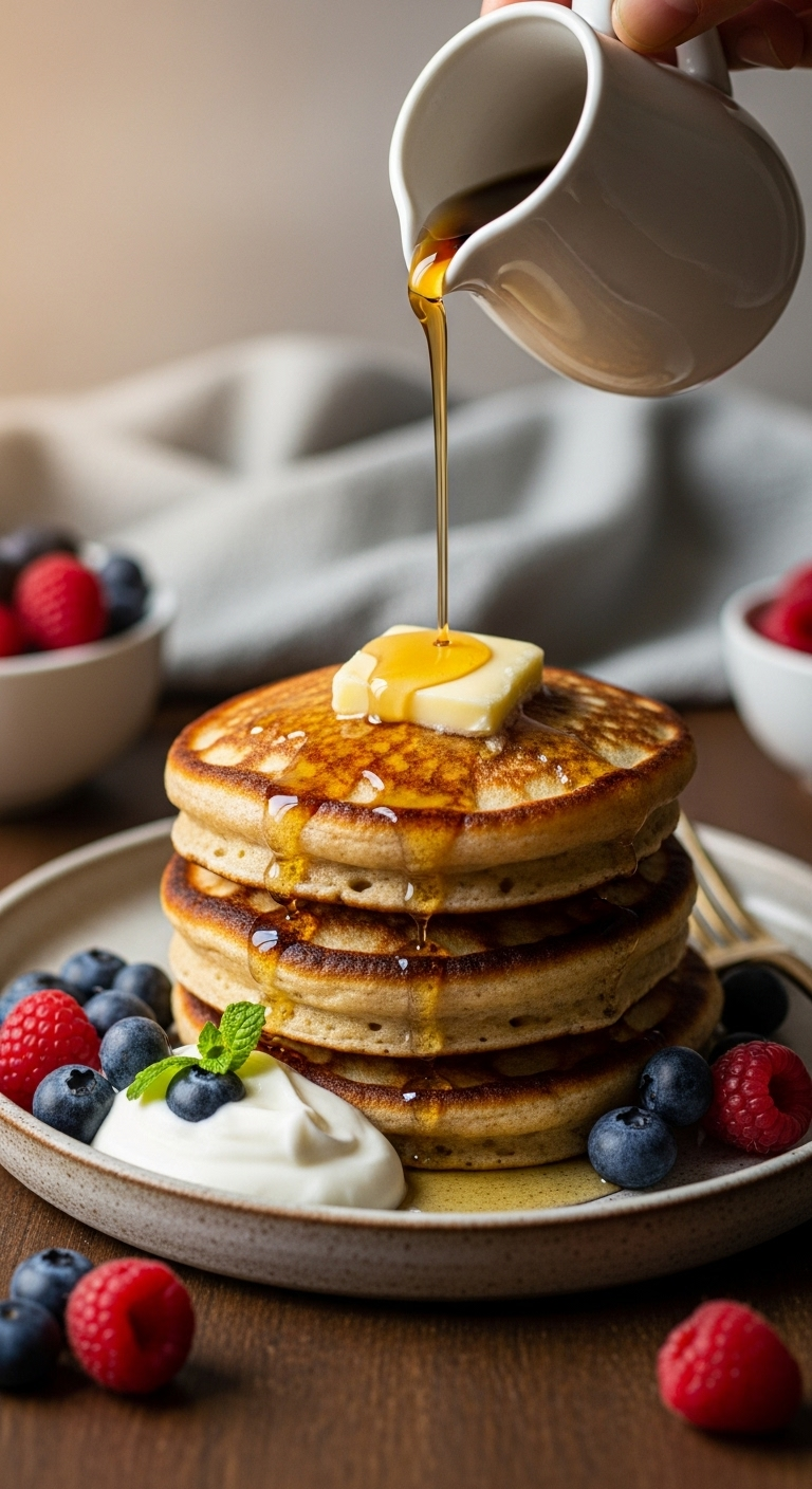 Stack Of Three Golden Almond Flour Pancakes With Melting Butter And Sugar-Free Syrup Drizzle, Surrounded By Fresh Blueberries And Raspberries On A Rustic Plate, Captured In Warm Golden Hour Light For A Cozy Low Carb Low Sugar Breakfast.