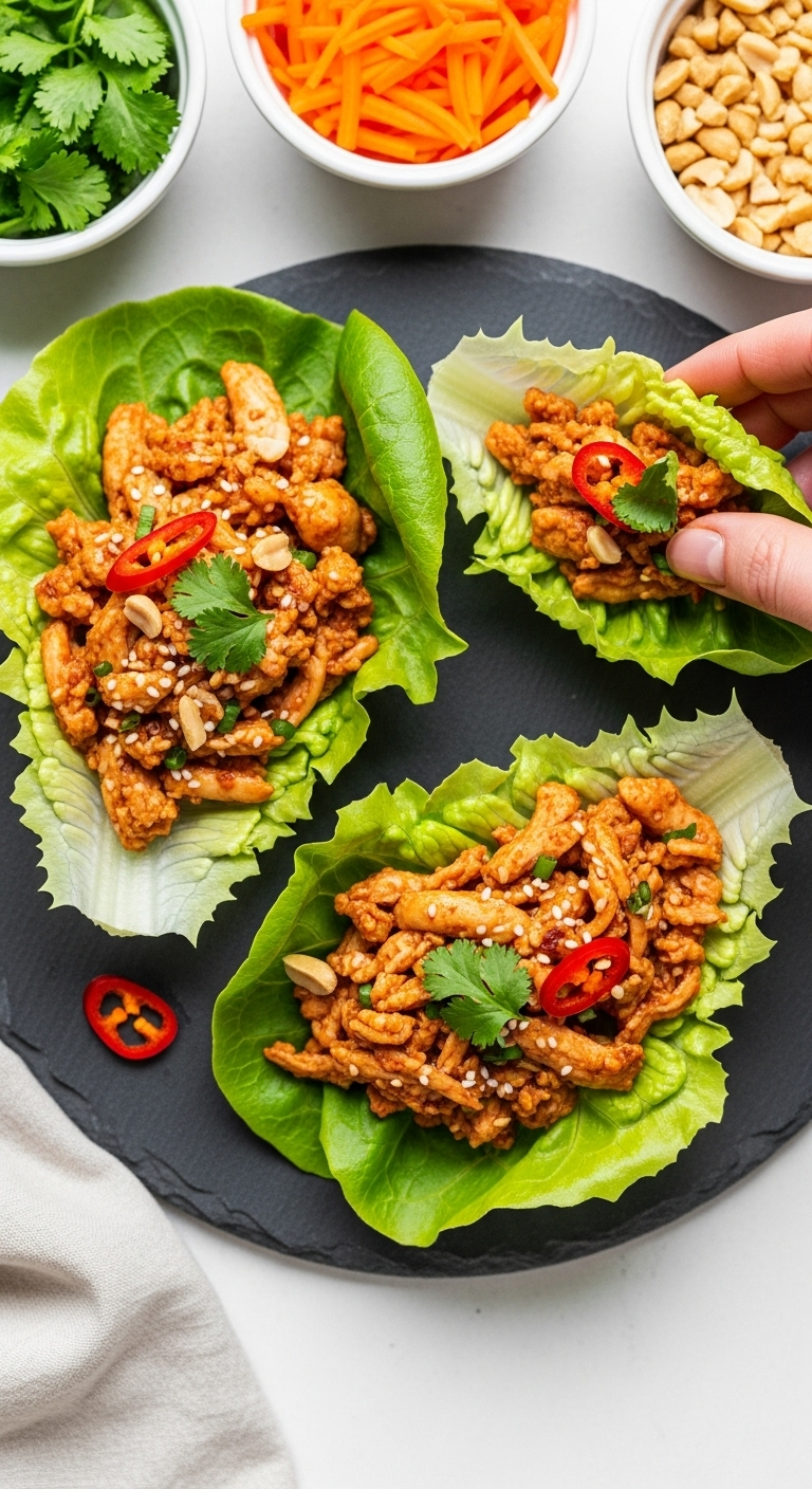 Two Chicken Lettuce Wraps Filled With Savory Chicken, Chili Flakes, And Cilantro On A Slate Platter, With A Hand Assembling A Third Wrap, Surrounded By Bowls Of Shredded Carrots And Chopped Peanuts, Captured In Bright Natural Light For A Fresh Low Carb Low Sugar Meal.