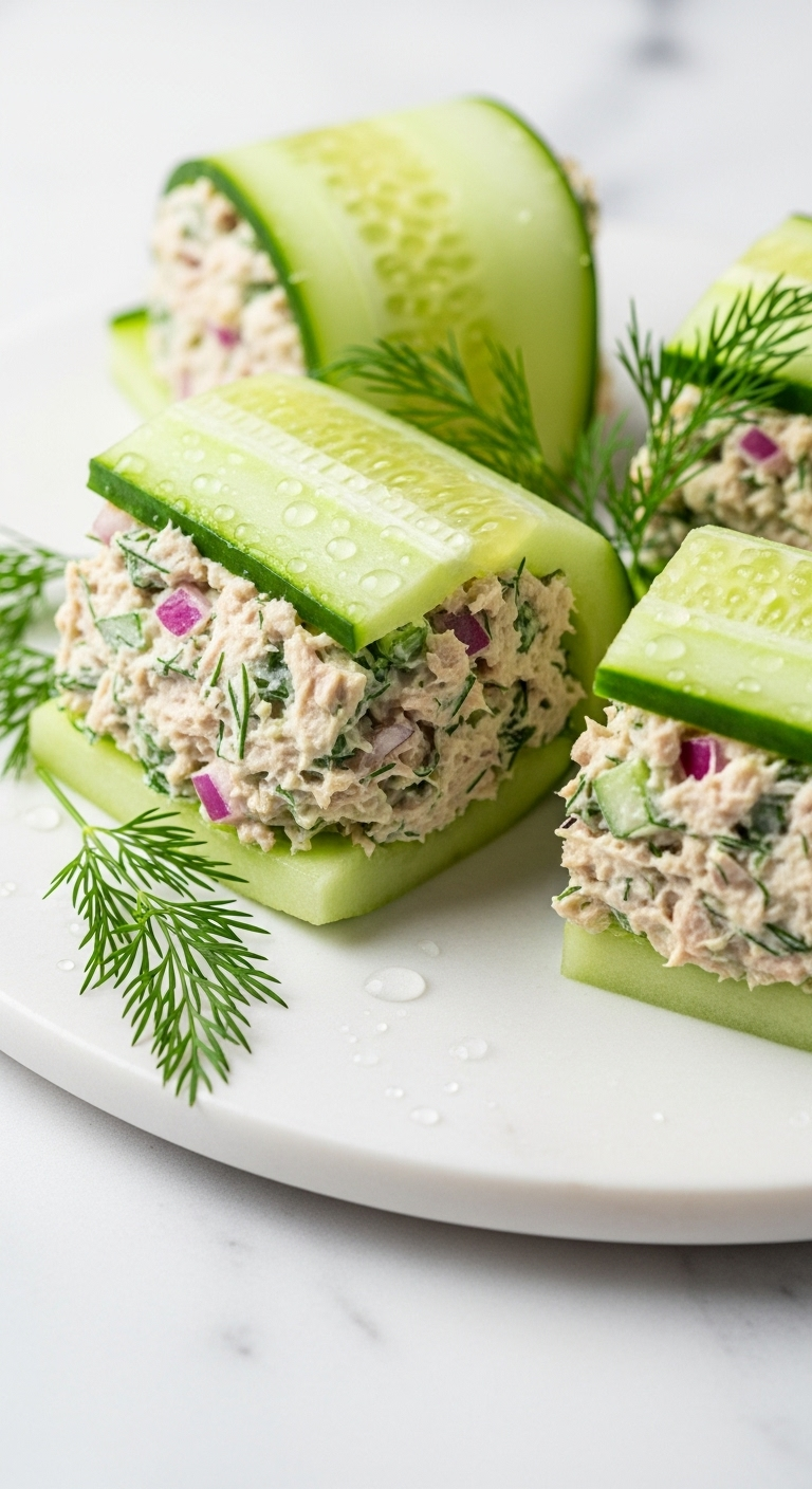Three Cucumber Tuna Boat Sandwiches With Creamy Tuna Salad, Red Onion, And Fresh Dill On A White Marble Surface, Highlighting Water Droplets On Cucumber Skin In Bright, Clean High-Key Lighting For A Fresh Low Carb Low Sugar Meal.