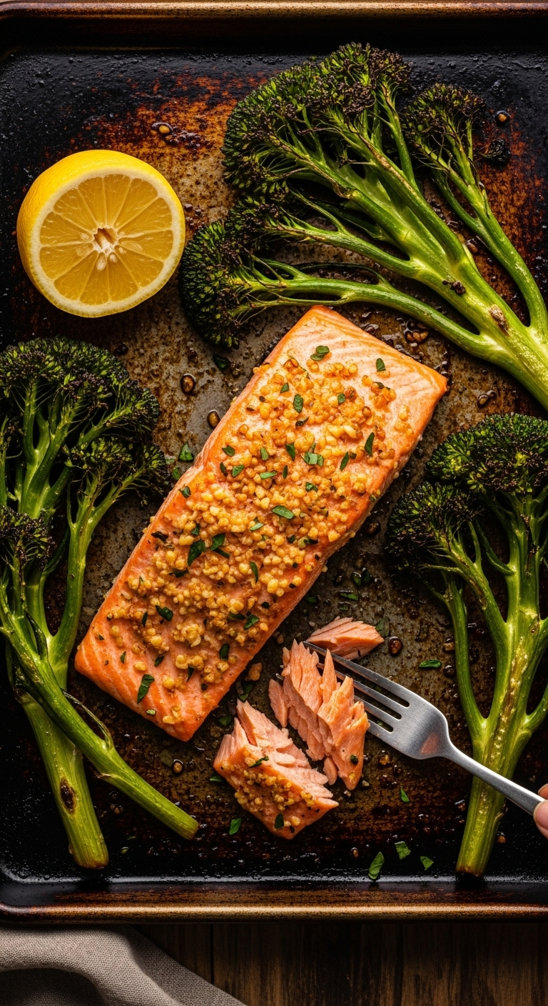 Overhead Shot Of Perfectly Cooked Garlic-Crusted Salmon And Charred Broccoli On A Roasted Sheet Pan With A Squeezed Lemon Half And A Fork Flaking Tender Salmon, Captured In Warm Rustic Lighting For An Easy Low Carb Low Sugar Meal.