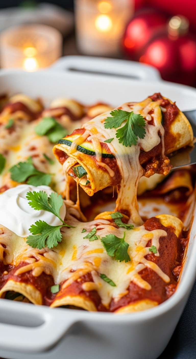 Close-Up Of Cheesy Zucchini Enchiladas In A White Ceramic Baking Dish With A Spatula Lifting One Roll Showing Cheesy Pull, Garnished With Fresh Cilantro And Sour Cream, Captured In Warm Festive Lighting For Easy Low Carb Low Sugar Recipes.