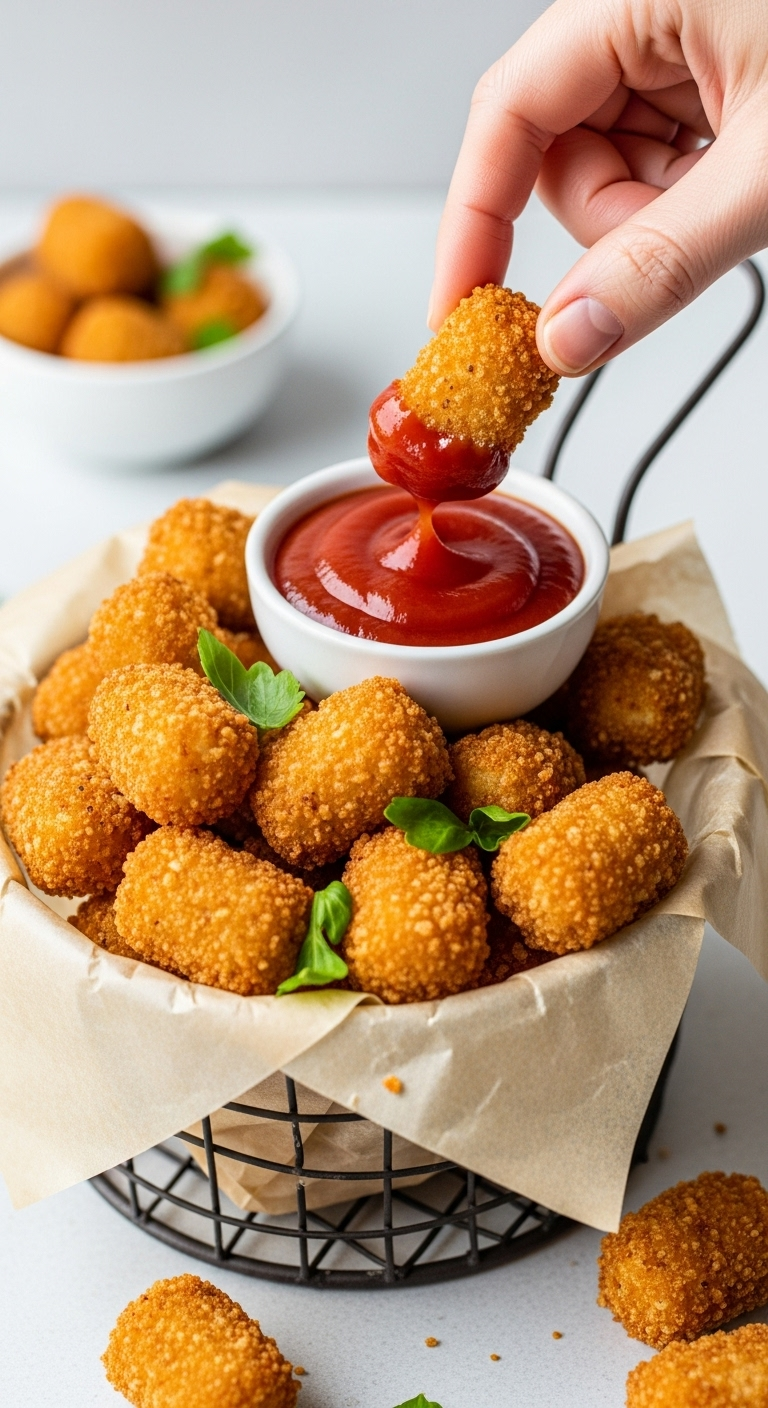 Golden-Brown Crispy Cauliflower Tots In A Rustic Paper Cone With A Hand Dipping One Into Sugar-Free Ketchup, Highlighting The Crunchy Texture In Bright, Playful Lighting For Easy Low Carb Low Sugar Recipes.