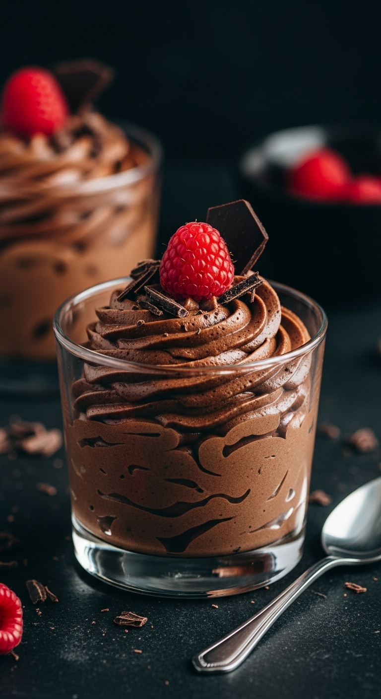 Rich Dark Chocolate Mousse In A Glass Dessert Dish Topped With Chocolate Shavings And A Single Raspberry, Captured In Moody, Low-Key Lighting Highlighting Its Creamy Texture For Easy Low Carb Low Sugar Recipes.