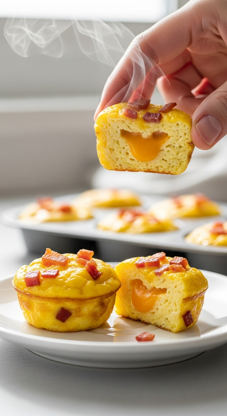 Two Golden-Brown Egg Bites On A White Plate, One Cut In Half Revealing A Fluffy Cheesy Interior, With A Hand Lifting One And Steam Rising, Captured In Bright Natural Morning Light With A Silicone Muffin Tin In The Blurred Background For A Low Carb Low Sugar Meal.