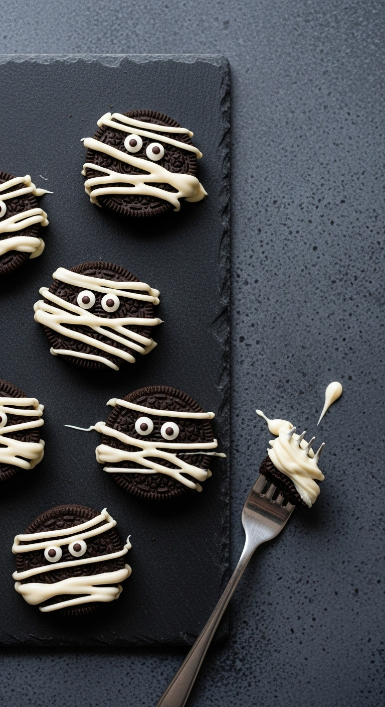 Easy Oreo Mummy Cookies With White Chocolate Drizzle And Candy Eyeballs On A Dark Gray Slate Background