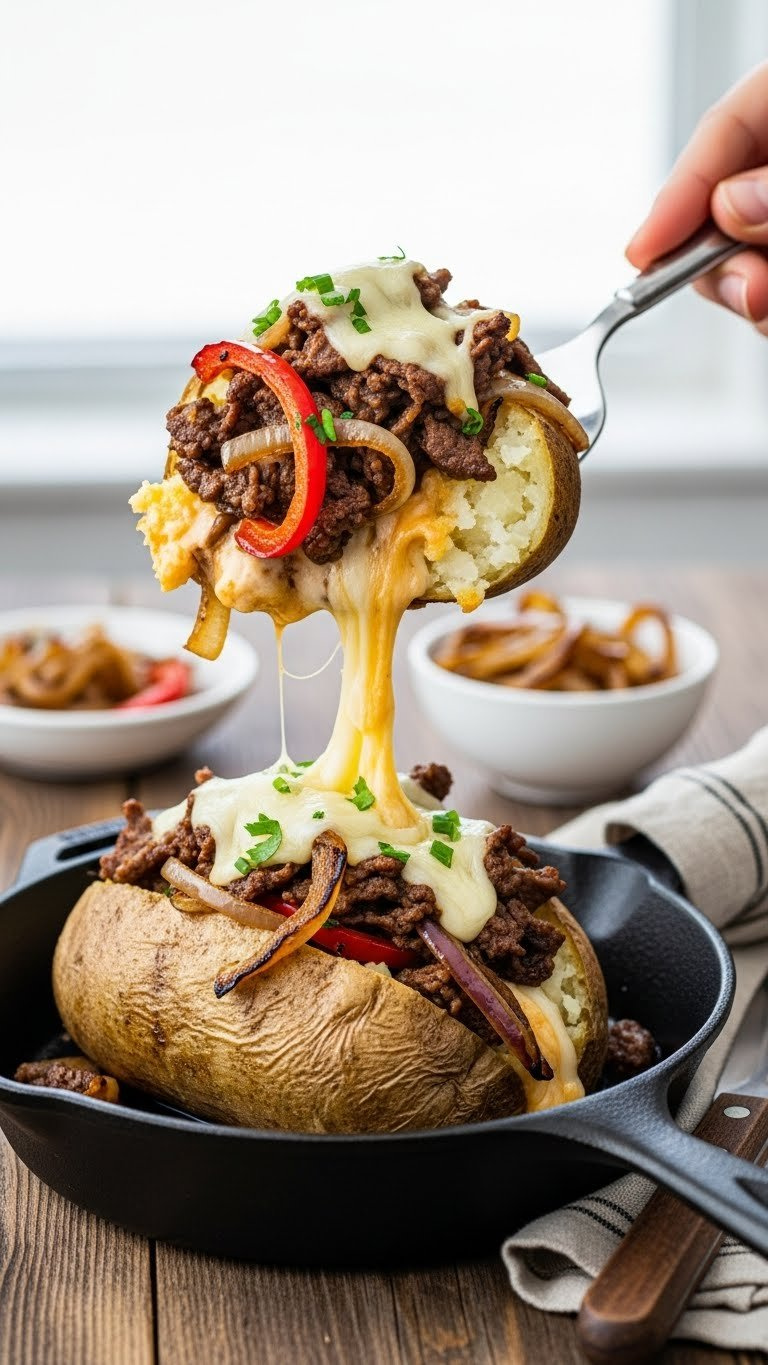 Easy Philly Cheesesteak Baked Potato With Steak, Peppers, And Melted Provolone Cheese