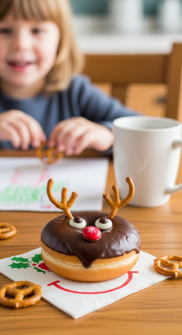 Easy Reindeer Donut: Chocolate-Frosted, Candy Decorations On A Festive Napkin. Blurred Mug, Child's Drawing.