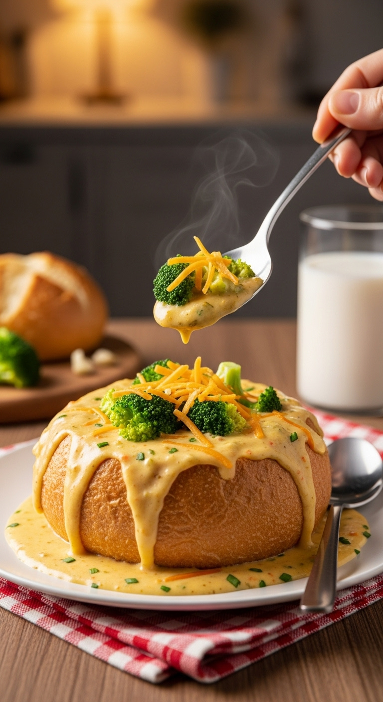 Easy Slow Cooker Broccoli Cheddar Soup In Bread Bowl With Broccoli Carrots And Melted Cheddar On Checkered Napkin