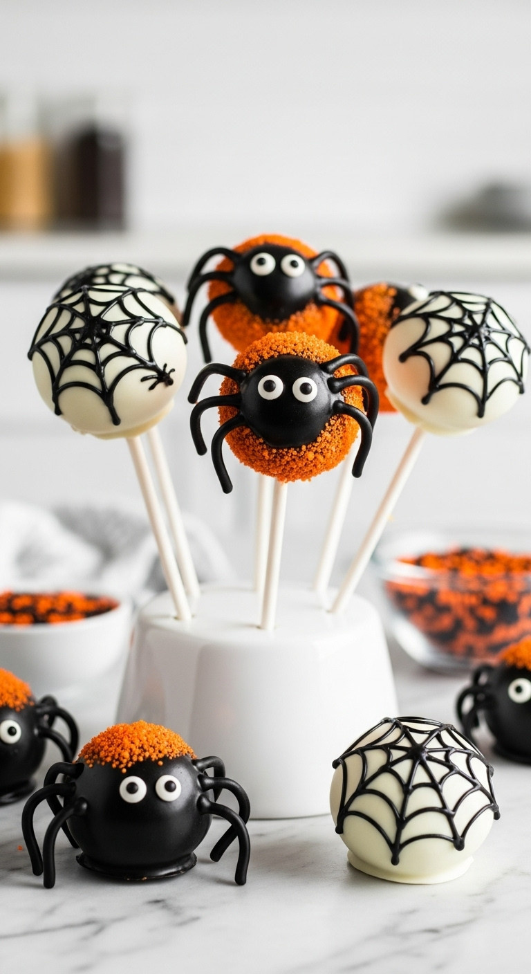 Easy Spider Web Cake Pops And Spider Cake Pops With Licorice Legs And Candy Eyes In A White Cake Pop Stand