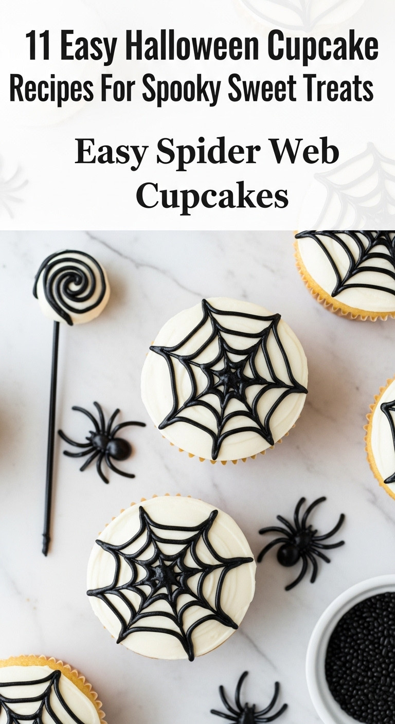 Easy Spider Web Cupcakes On A White Marble Countertop With A Plastic Spider And Black Sprinkles In Bright Daylight