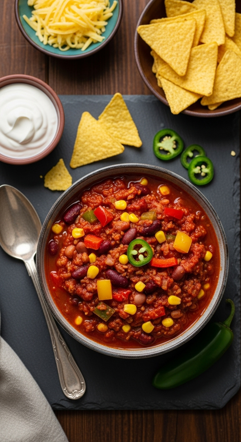 Easy Vegetarian Chili With Beans Corn Bell Pepper In Rustic Dark Bowl On Slate Serving Board With Toppings