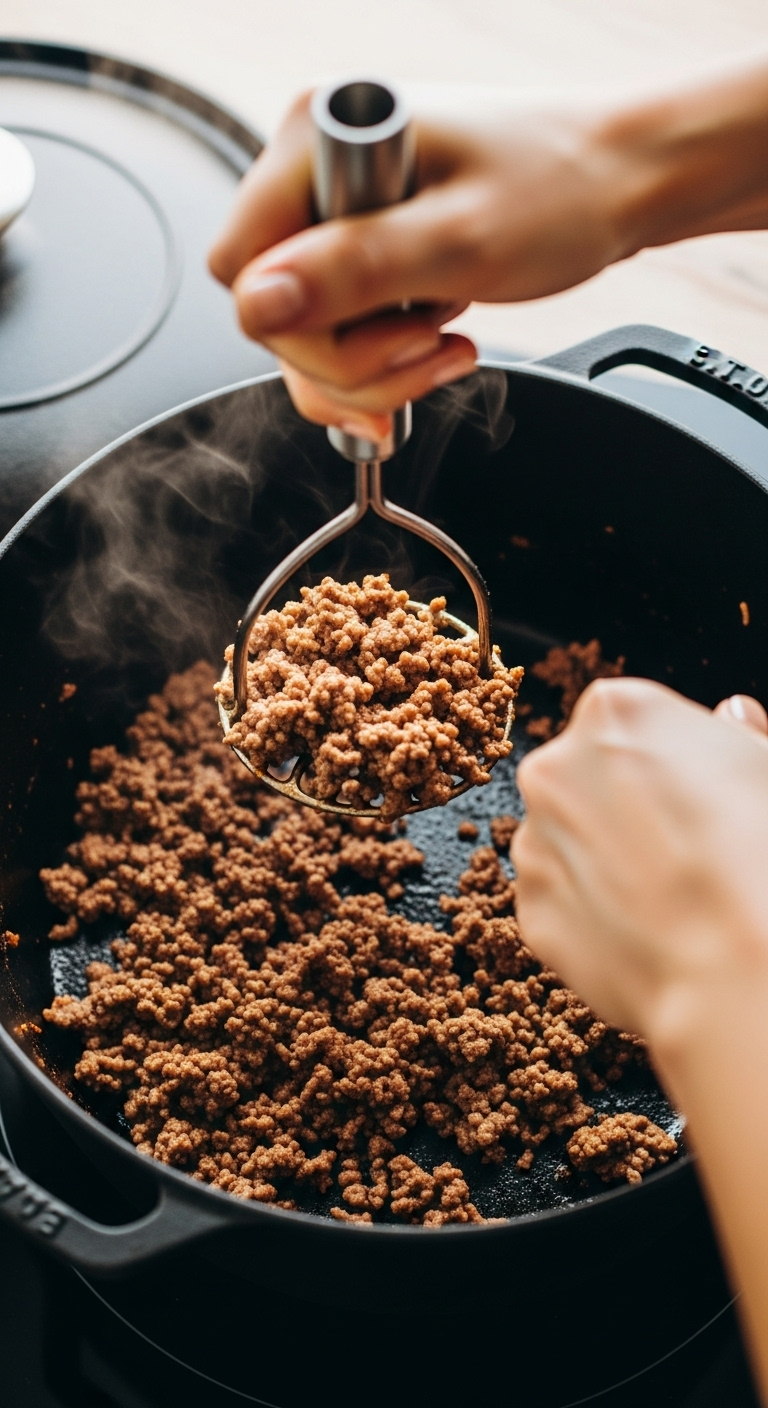 Top-Down View Of Ground Beef Being Crumbled With A Metal Potato Masher In A Dark Dutch Oven, With Steam Rising And Rich Browns Highlighted Under Warm, Rustic Kitchen Lighting.