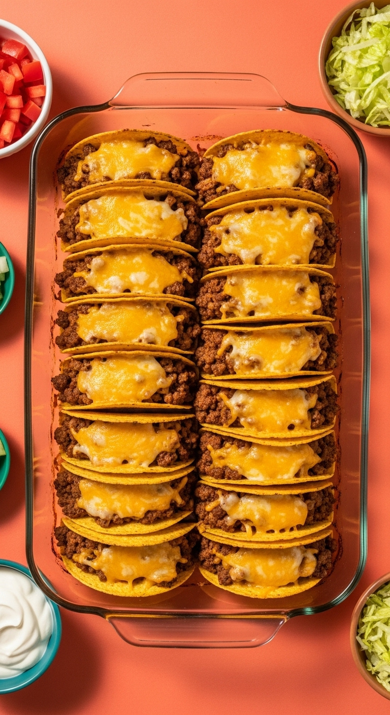 Easy Baked Ground Beef Tacos With Melted Cheddar And Monterey Jack Cheese In Glass Baking Dish With Taco Toppings High-End Magazine Cover Style