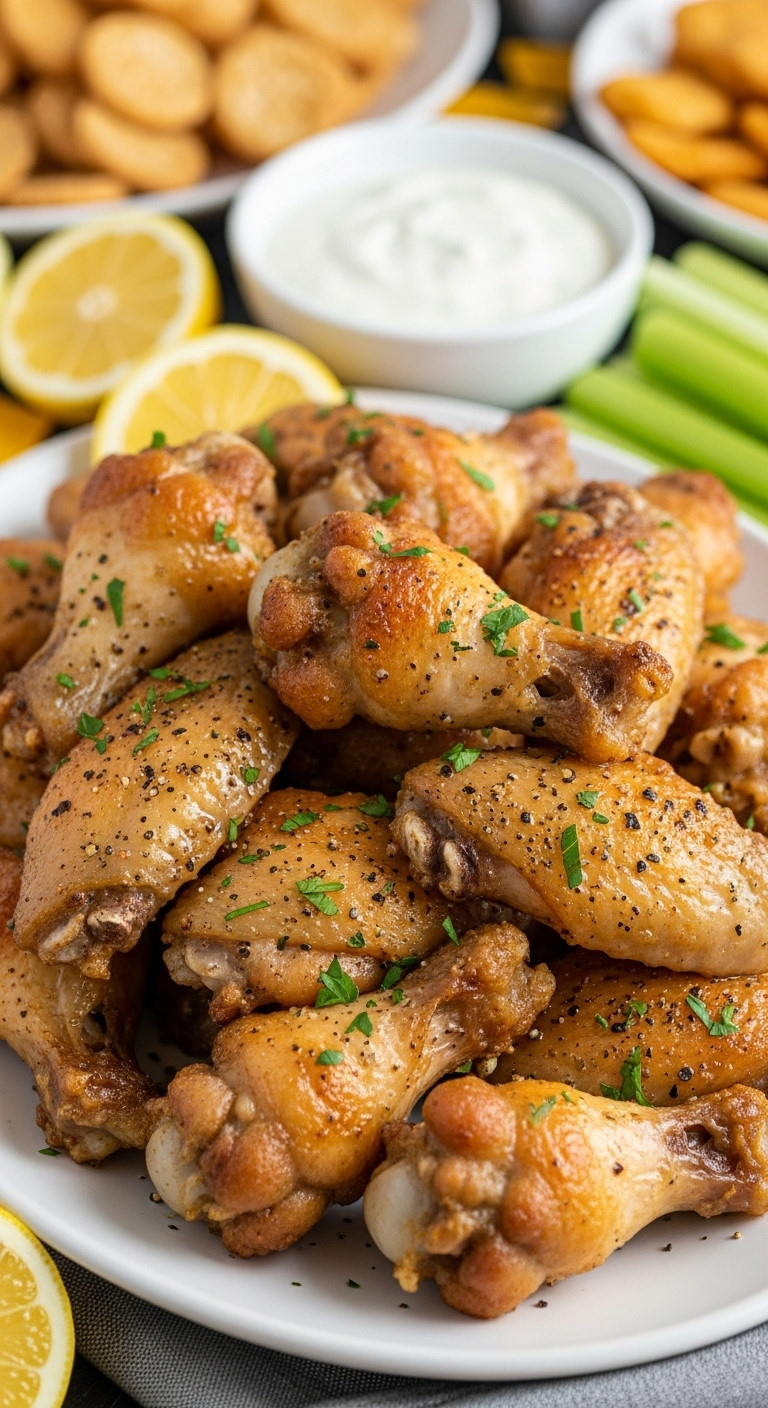 Easy Baked Lemon Pepper Wings On A White Ceramic Platter With Lemon Wedges Ranch Dip And Celery Sticks