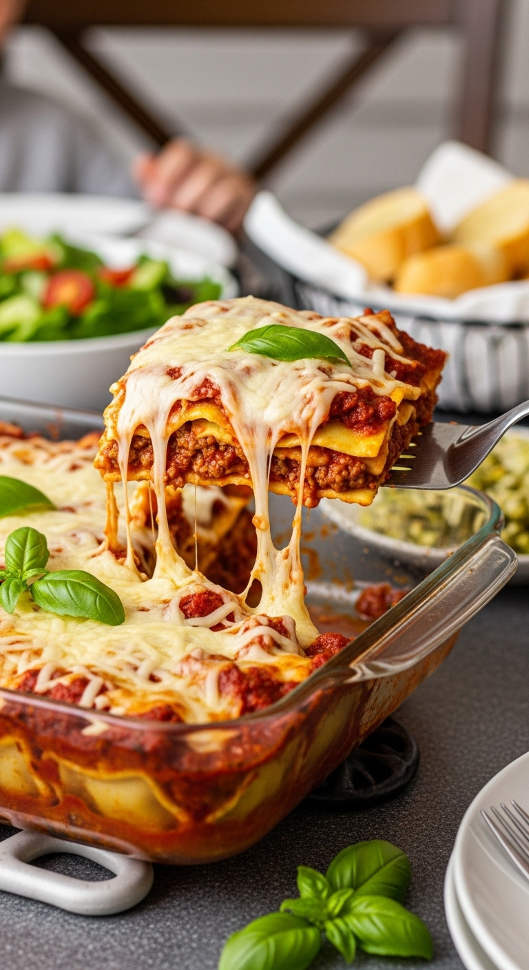 Easy Baked Ravioli Lasagna Slice With Meat Sauce And Melted Cheese Being Lifted From A Glass Baking Dish
