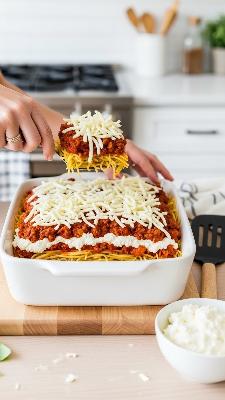 Easy Baked Spaghetti Layered With Ricotta, Meat Sauce, And Mozzarella Cheese In White Ceramic Baking Dish