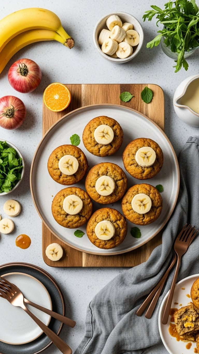 Easy Banana Muffins On Wooden Cutting Board Overhead View