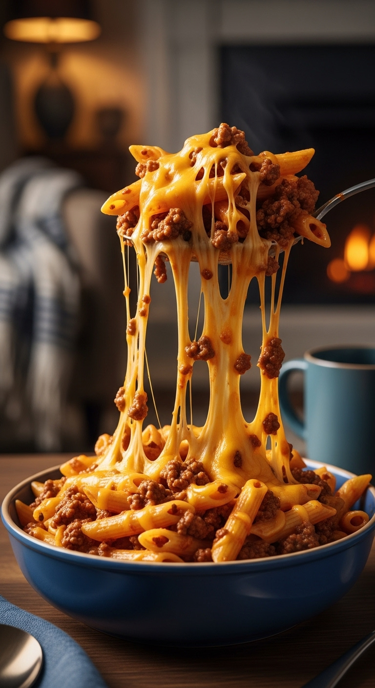 Easy Cheesy Ground Beef Pasta With Penne And Melted Cheddar Cheese Pulling From A Serving Spoon To A Blue Bowl