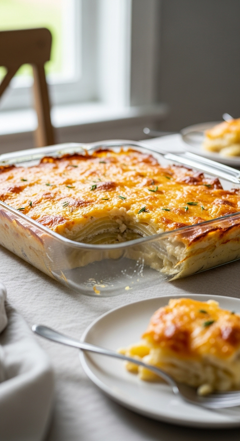 Easy Cheesy Scalloped Potatoes In A Glass Baking Dish With A Creamy Sauce And Browned Top