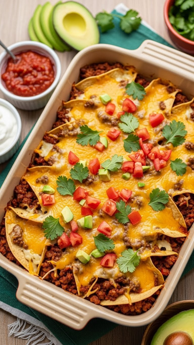 Easy Cheesy Taco Bake With Seasoned Ground Beef, Tortillas, And Melted Cheese Topped With Fresh Tomatoes