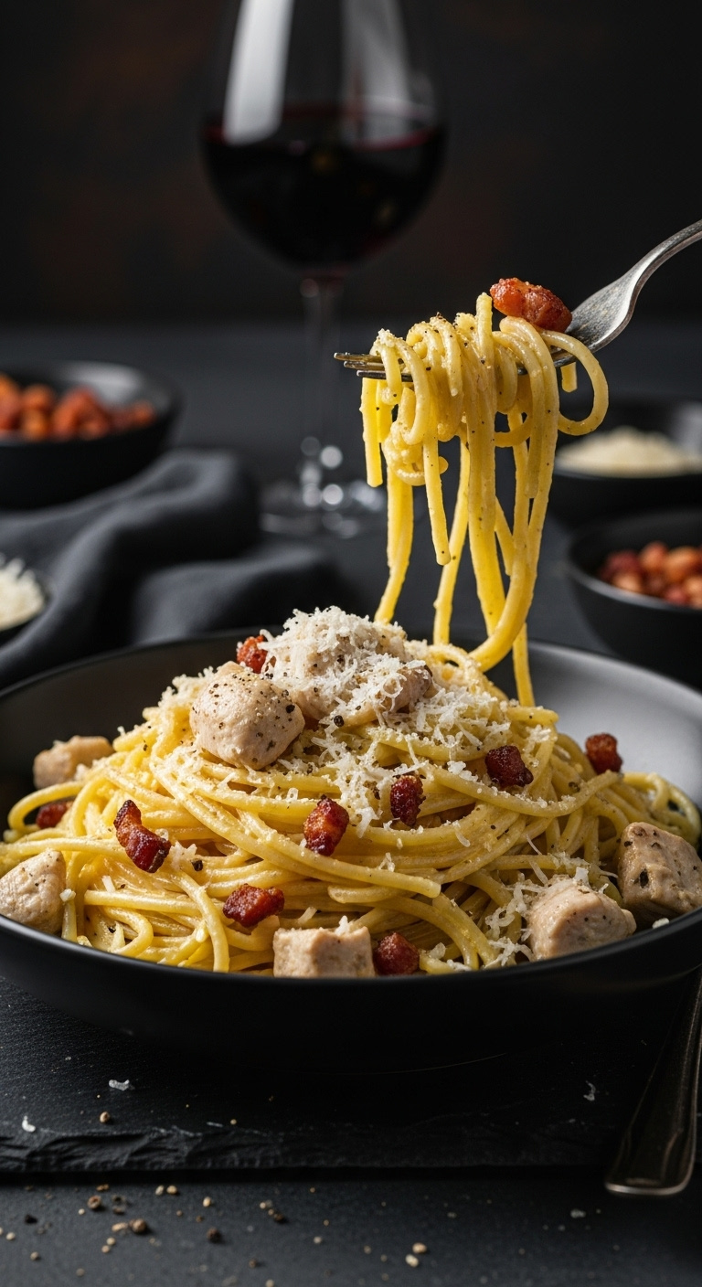 Easy Chicken Carbonara With Spaghetti Crispy Pancetta And Pecorino Cheese In A Dark Bowl On A Dark Slate Surface