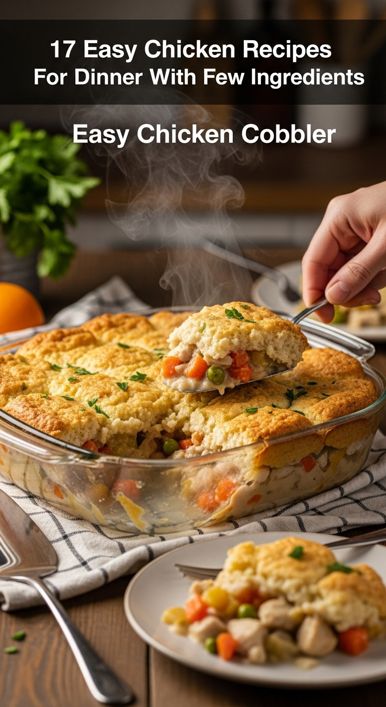 Easy Chicken Cobbler With Creamy Filling And Golden Brown Fluffy Biscuit Topping In A Glass Baking Dish