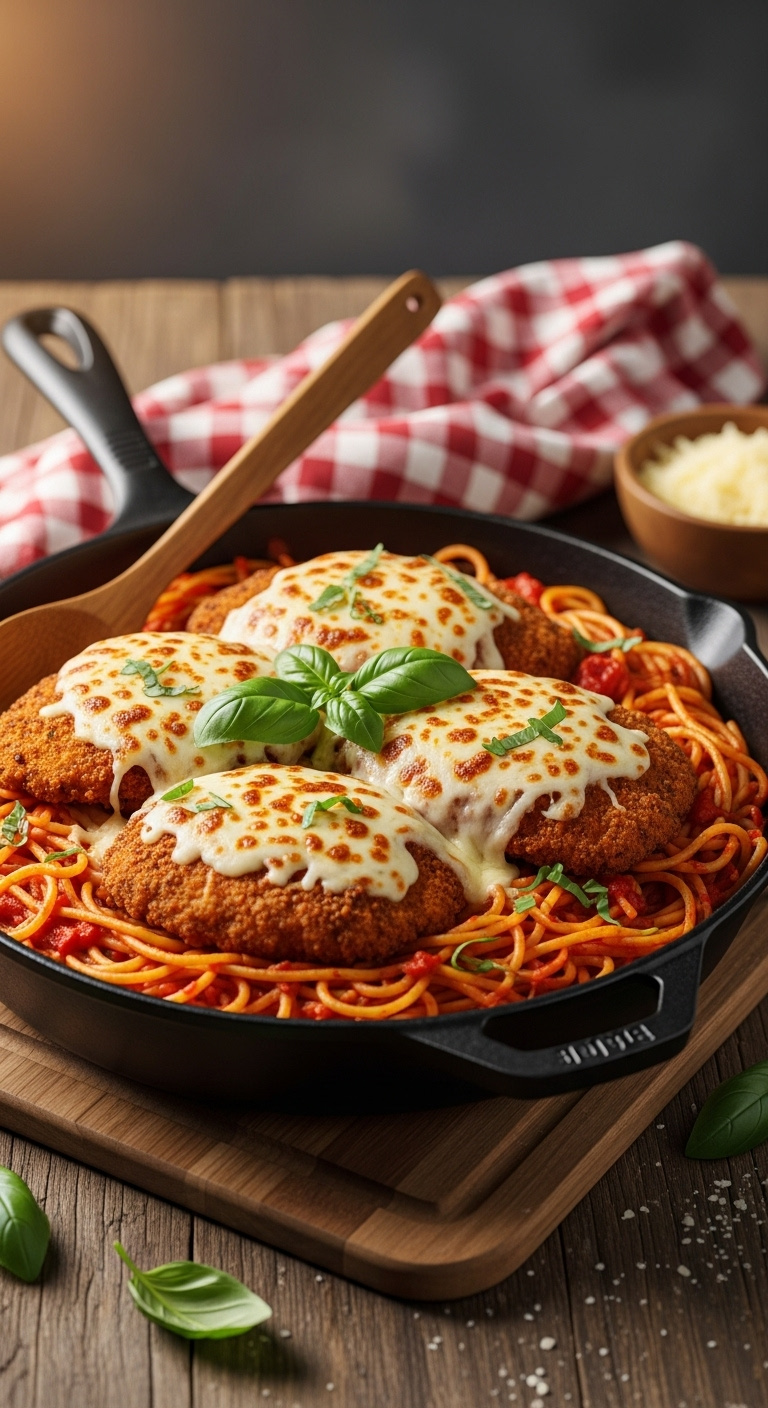 Easy Chicken Parmesan Pasta In A Cast-Iron Skillet With Spaghetti Marinara Melted Mozzarella And Fresh Basil