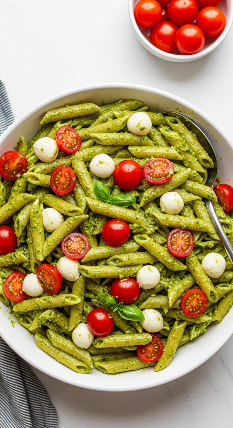 Easy Chicken Pesto Penne With Cherry Tomatoes And Mozzarella In A Large Serving Bowl