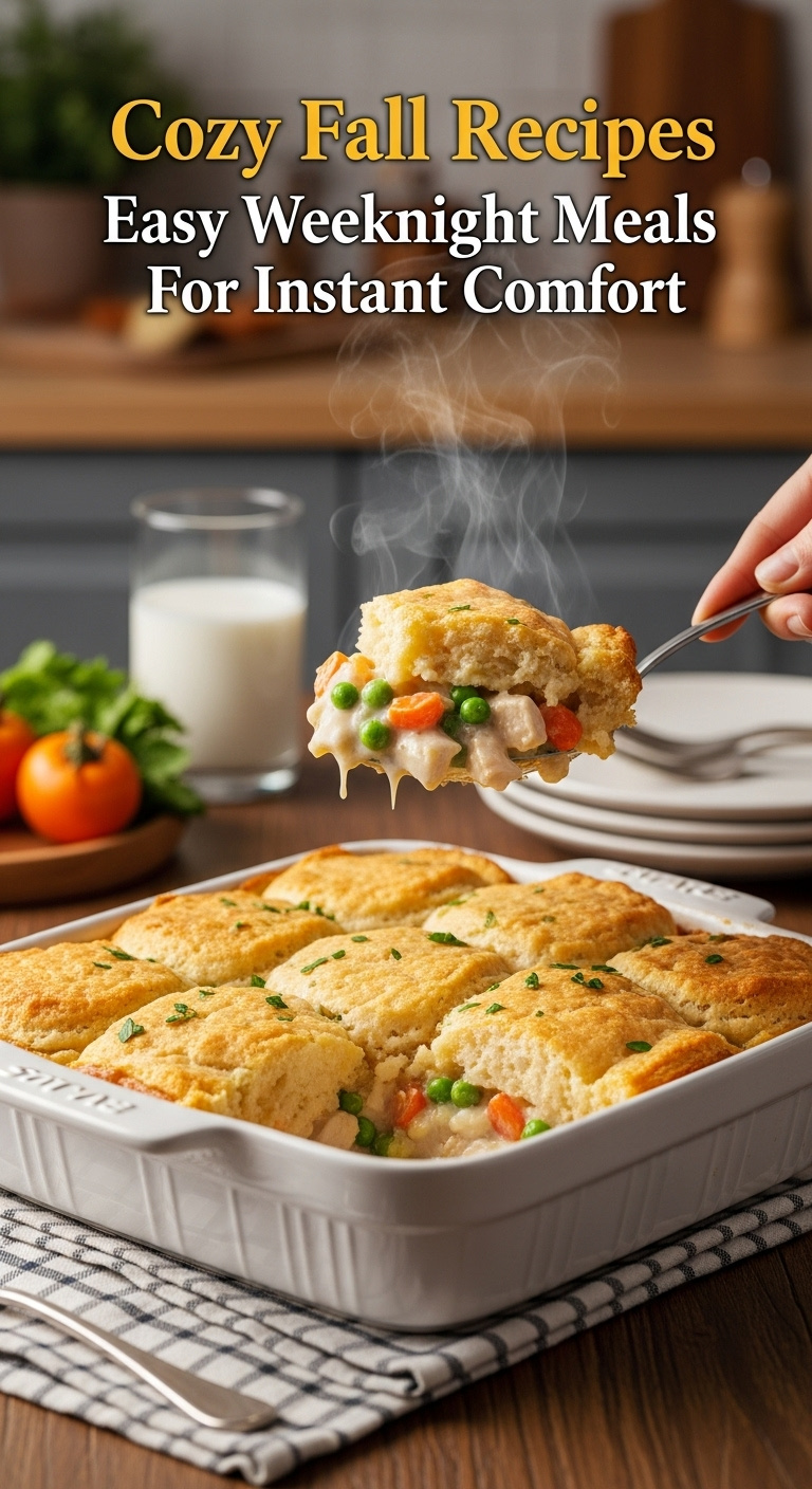 Easy Chicken Pot Pie Casserole With A Golden Biscuit Topping Being Scooped From A White Baking Dish On A Checkered Cloth