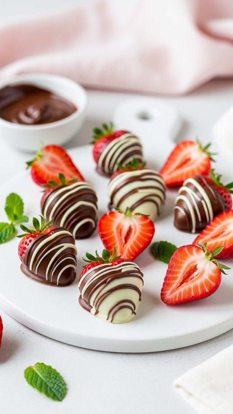 Easy Chocolate-Dipped Strawberry Hearts Drizzled With White Chocolate On Minimalist White Serving Board