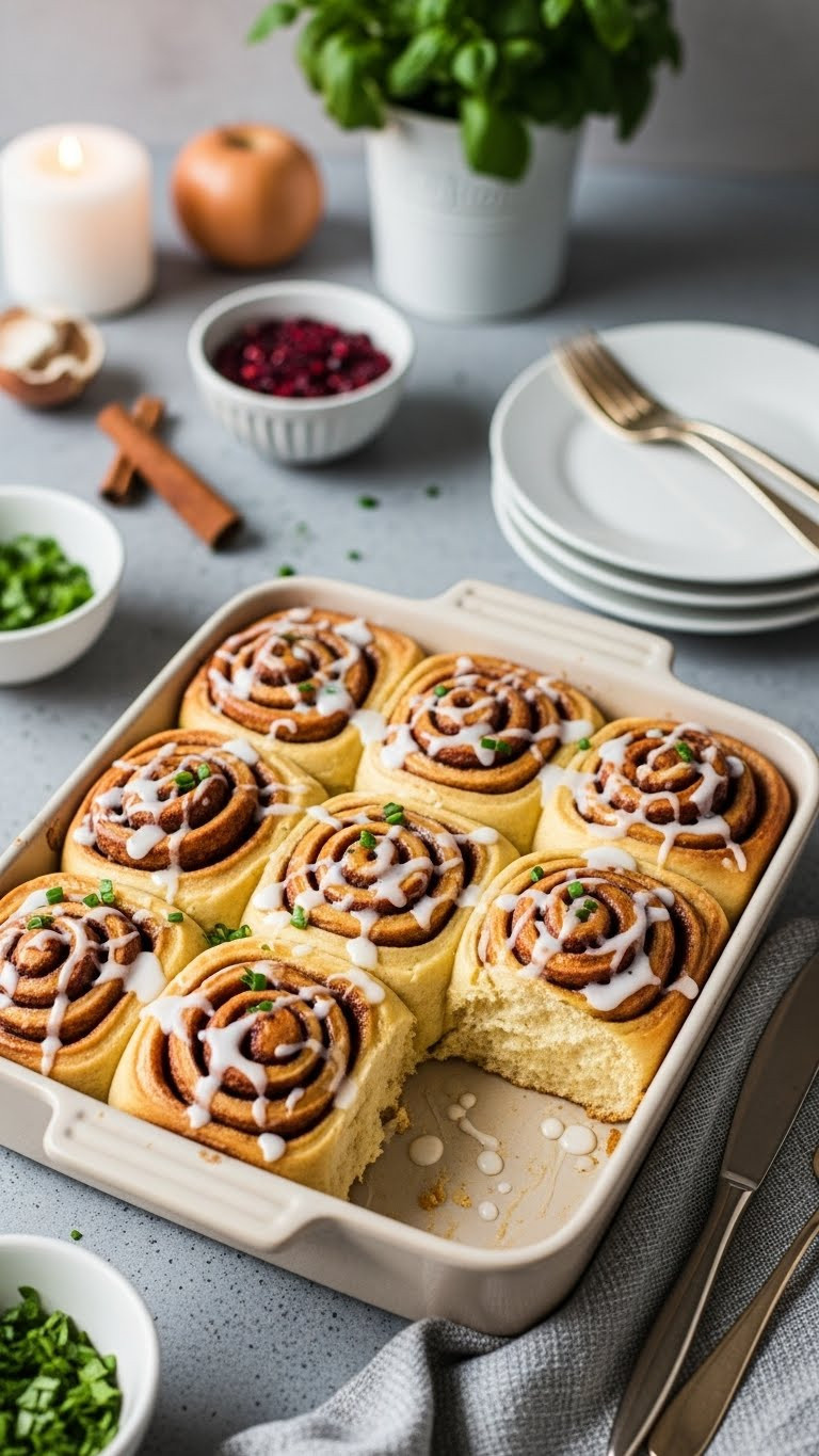 Easy Cinnamon Rolls With Icing Glaze In Ceramic Baking Dish