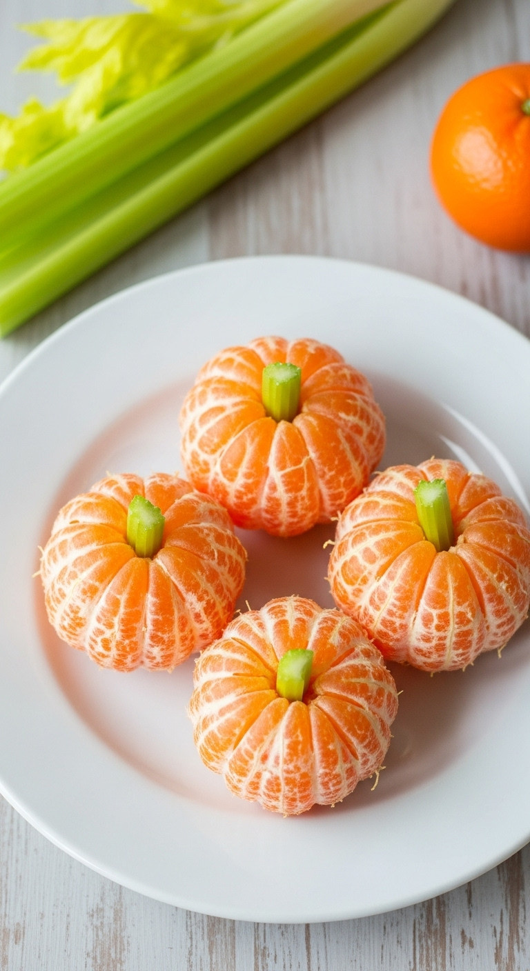 Easy Clementine Pumpkins With Celery Stems On A White Plate For Healthy And Fun Halloween Toddler Recipes