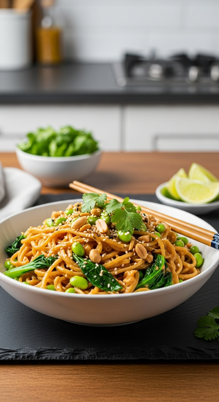 Easy Edamame Peanut Noodles With Edamame Greens Chopped Peanuts Sesame Seeds And Cilantro With Chopsticks And Lime