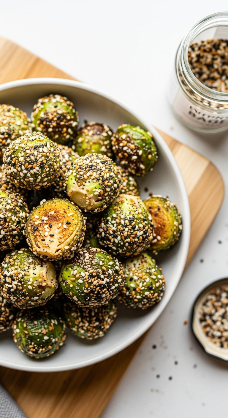 Easy Everything Bagel Air Fryer Brussels Sprouts In A Light Colored Dish With A Jar Of Seasoning On A Wood Board