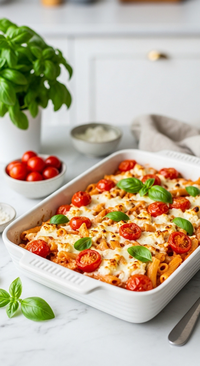Easy Feta Tomato Pasta With Burst Cherry Tomatoes Melted Feta And Fresh Basil In A Baking Dish On Marble Countertop