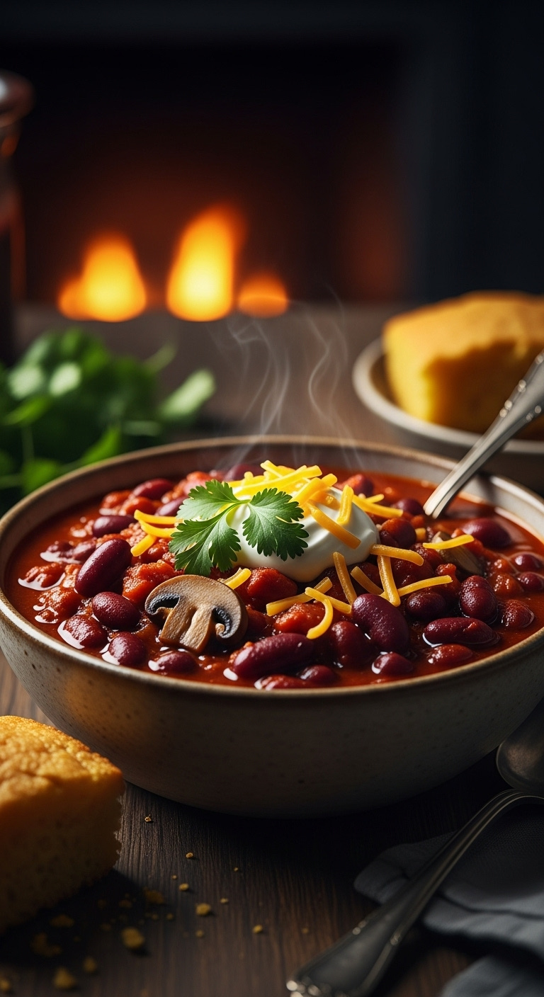 Easy Hearty Vegetarian Chili With Kidney Beans Mushrooms Sour Cream Cheddar And Cilantro With Cornbread And Spoon