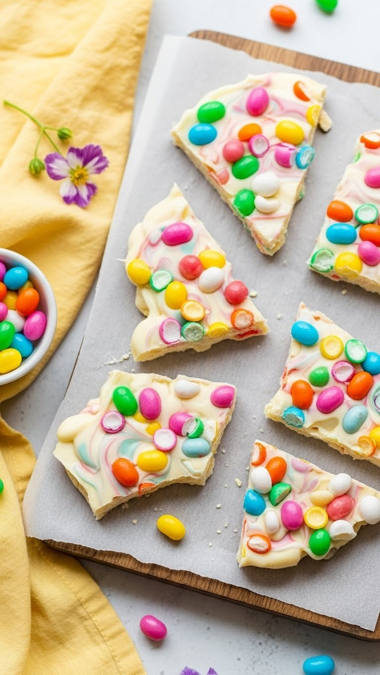 Easy Jelly Bean Bark With White Chocolate Studded With Colorful Jelly Beans On Rustic Wooden Board